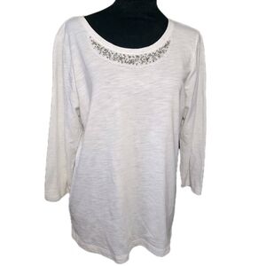 St Johns Bay Women's L White Jewel Embellished Neckline Cap Sleeves